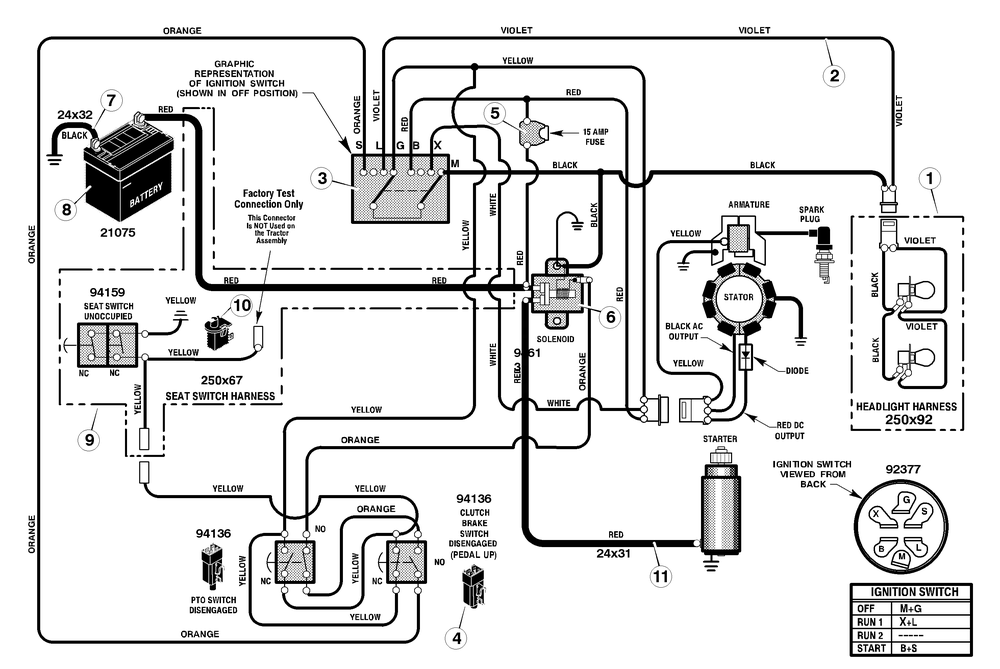 Electrical System Diagram and Parts List for 385016X78A 2004 Briggs and Stratton Lawn Tractor